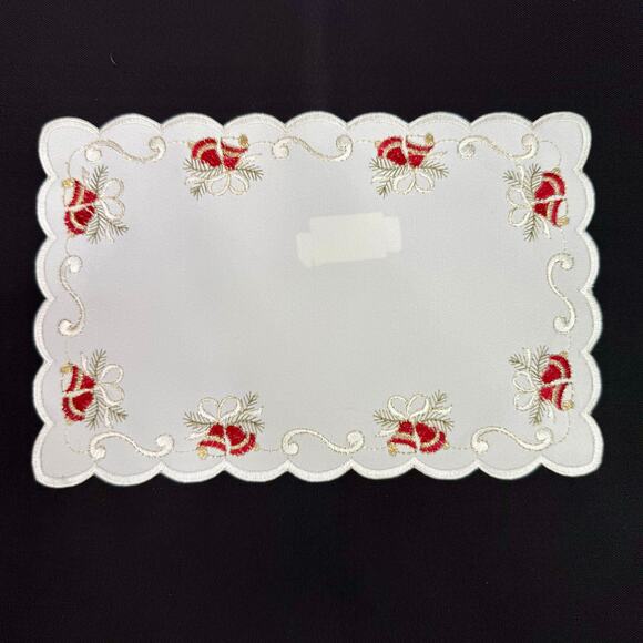 German Embroidered Christmas Bells Table Mat Doily 7x11 Metallic Gold Thread - Picture 2 of 4